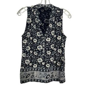 Lucky Brand Blue White Floral Henley Style Tank Top